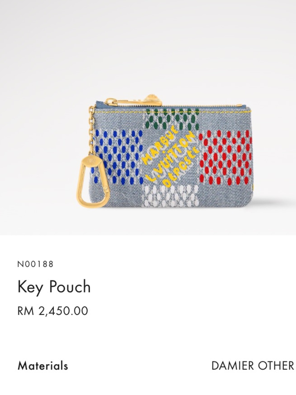 Limited edition RETAIL 650 Louis Vuitton Denim Key Pouch Multicolor Embroidery